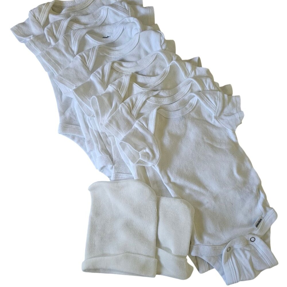 Lot of 8 Gerber Newborn White Onesies + 2 Hats – Unisex Baby Basics